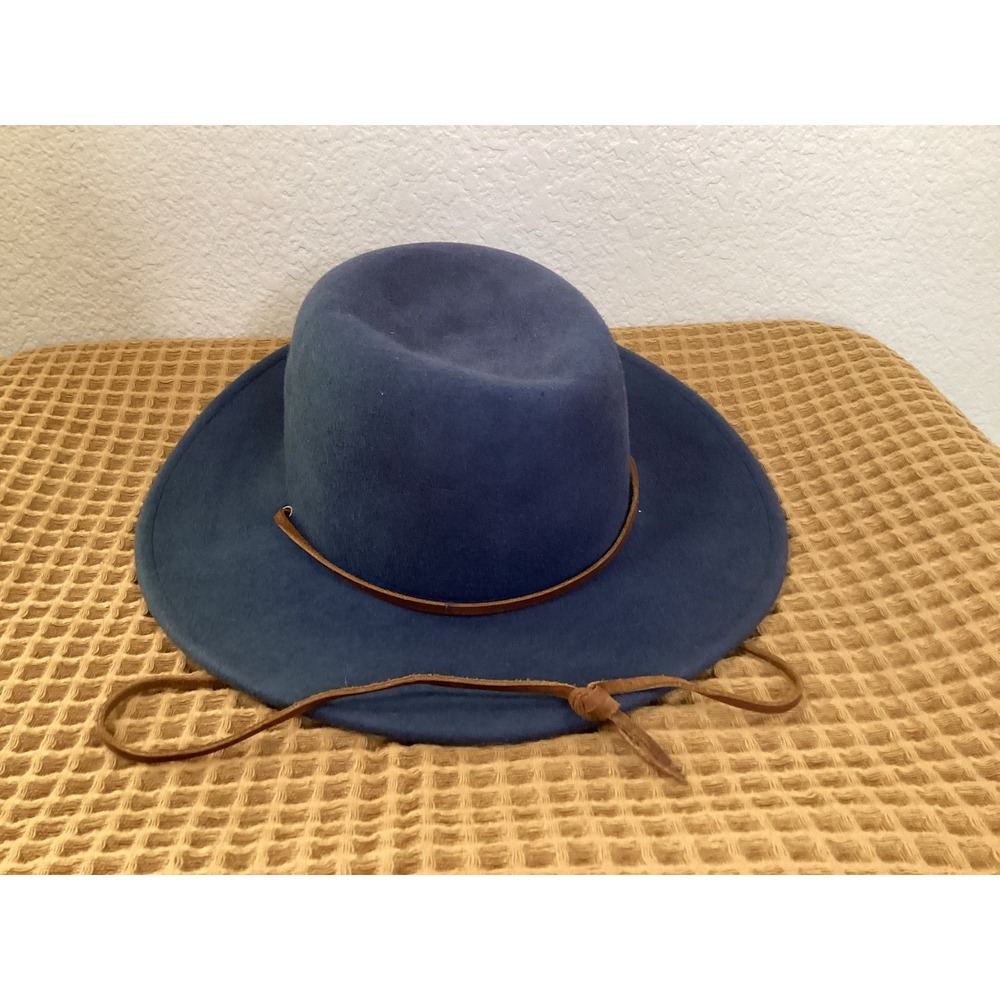 Brixton Unisex Sz S (7) Tiller Wide Brim Felt Fedora Hat Blue Chin Strap Boho
